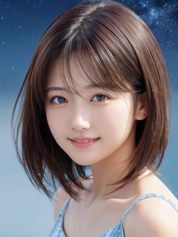 masterpiece、Highest quality、High resolution、Japanese women、(RAW Photos, Highest quality), (reality, Realistic:1.4) Tabletop、wallpaper、reality的、Bright lighting、Professional Lighting、Face Light、Smooth lighting、Adult、sexy、Sunburned skin、very detailed eyes and face, Beautiful and detailed nose, beautiful eyes, Perfect Anatomy、short hair、Brunette Hair、Iris、A cool smile、 looking up at beautiful starry sky
