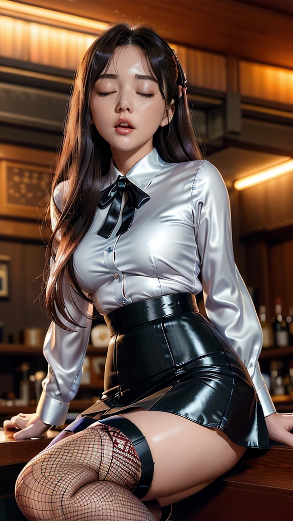 20-year-old women,,Clear images、Real women 、赤Hair, Medium Hair〜Cytoterre、she、She is wearing a suit and a tight mini skirt。The blouse has a ribbon。In fishnet stockings、She wears shiny red high heels。
she、Drinking too much alcohol、Drunk and sitting back in the bar,、Close your eyes、sleeping soundly with his mouth open。Sitting weakly with legs apart、Sleeping soundly as if unconscious。
Overall image from head to toe, front view from below