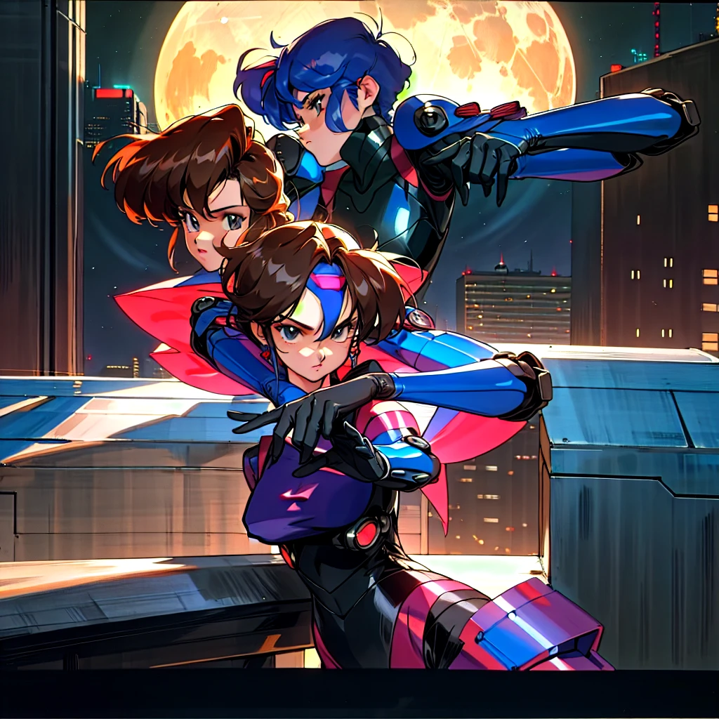 Kenichi Sonoda, retro art-style, bubblegum crisis, Sci-fi, Cyberpunk, Neon, Dystopia, (On a full moon night, on the rooftop of a high-rise building, a figure is seen wearing a metal hard suit that covers the whole body from head to toe. It is made up of curved surfaces that give it a feminine bodyline.), 1girl, solo, 18yo, Cool beauty, Unparalleled beauty, fearless look, smile, fighting stance, (attack, punching at viewer), close-up photography of upper body, Depth of field, character focus, (masterpiece, anime cg, official art, work of art, Award-winning work, extreme quality, ultra high definition, all intricate, overall detailed, finely detailed, super detailed, very aesthetic, boast pompously, focus on entire screen, asymmetrical, raytraced, caustics, textile shading, incredibly absurd resolution, absolutely resolution, ultra high resolution, professional, vivid colors, perfect anatomy, ideal facial features, beautiful detailed face, ideally proportioned figure, perfectly beautiful body),