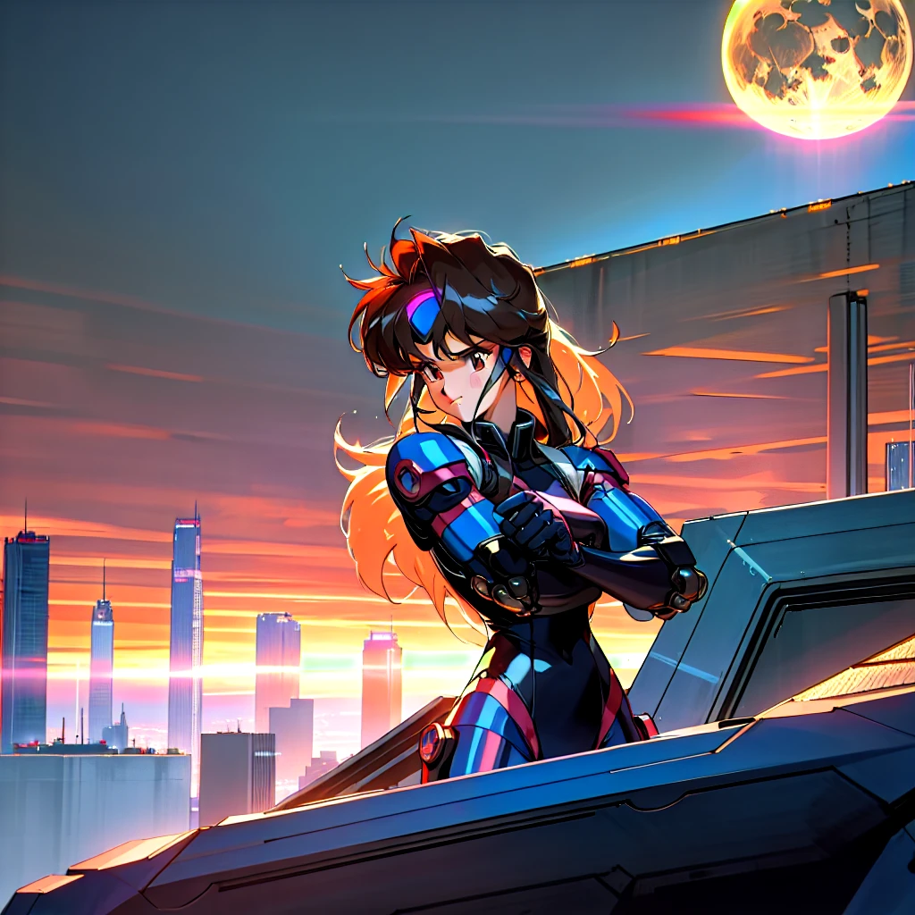 Kenichi Sonoda, retro art-style, bubblegum crisis, Sci-fi, Cyberpunk, Neon, Dystopia, (On a full moon night, on the rooftop of a high-rise building, a figure is seen wearing a metal hard suit that covers the whole body from head to toe. It is made up of curved surfaces that give it a feminine bodyline.), 1girl, solo, 18yo, Cool beauty, Unparalleled beauty, fearless look, smile, fighting stance, (attack, punching at viewer), close-up photography of upper body, Depth of field, character focus, (masterpiece, anime cg, official art, work of art, Award-winning work, extreme quality, ultra high definition, all intricate, overall detailed, finely detailed, super detailed, very aesthetic, boast pompously, focus on entire screen, asymmetrical, raytraced, caustics, textile shading, incredibly absurd resolution, absolutely resolution, ultra high resolution, professional, vivid colors, perfect anatomy, ideal facial features, beautiful detailed face, ideally proportioned figure, perfectly beautiful body),
