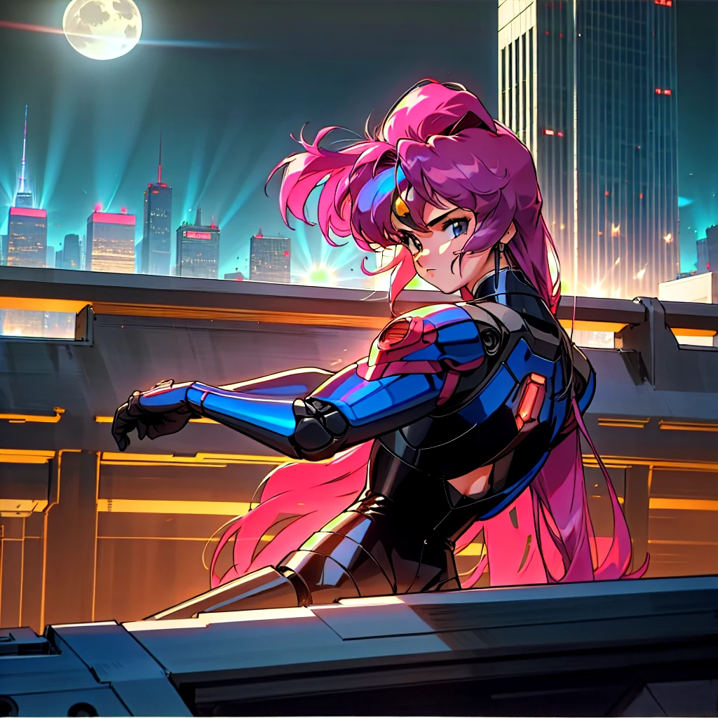 Kenichi Sonoda, retro art-style, bubblegum crisis, Sci-fi, Cyberpunk, Neon, Dystopia, (On a full moon night, on the rooftop of a high-rise building, a figure is seen wearing a metal hard suit that covers the whole body from head to toe. It is made up of curved surfaces that give it a feminine bodyline.), 1girl, solo, 18yo, Cool beauty, Unparalleled beauty, fearless look, smile, fighting stance, (attack, punching at viewer), close-up photography of upper body, Depth of field, character focus, (masterpiece, anime cg, official art, work of art, Award-winning work, extreme quality, ultra high definition, all intricate, overall detailed, finely detailed, super detailed, very aesthetic, boast pompously, focus on entire screen, asymmetrical, raytraced, caustics, textile shading, incredibly absurd resolution, absolutely resolution, ultra high resolution, professional, vivid colors, perfect anatomy, ideal facial features, beautiful detailed face, ideally proportioned figure, perfectly beautiful body),