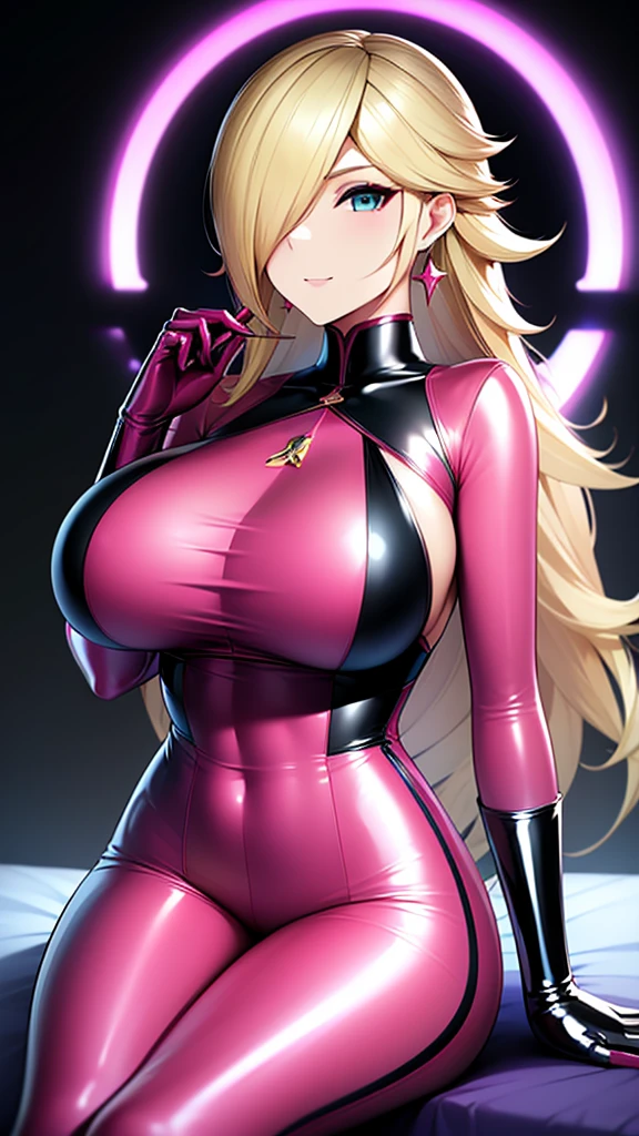 erotic、Rosalina、Blonde、tall、 mature, Married women, Pink shiny latex rubber suit、turtleneck、Cleavage、邪evilな女戦闘員, Pink and black background, Pitch-dark bedroom, Dark Theme, evil, lure, excited, A condescending grin, Lightly open your mouth、Sexy pose, Sitting on the throne