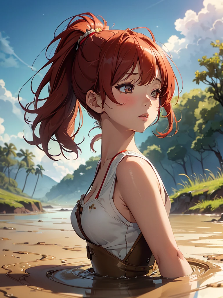 1girl, solo:1.5, masterpiece, best quality, high res, highly detailed, (illustration), beautiful detailed eyes, yuigahama yui, red hair ponytail, glossy lips, light makeup, orgasm, (looking up to the sky:1.5), intimate moment, cute tank top, visible thong underwear, cleavage, (quicksand:1.4), (from side:1.4), bog, swampy, grassy, (eyes closed:1.3), gasping