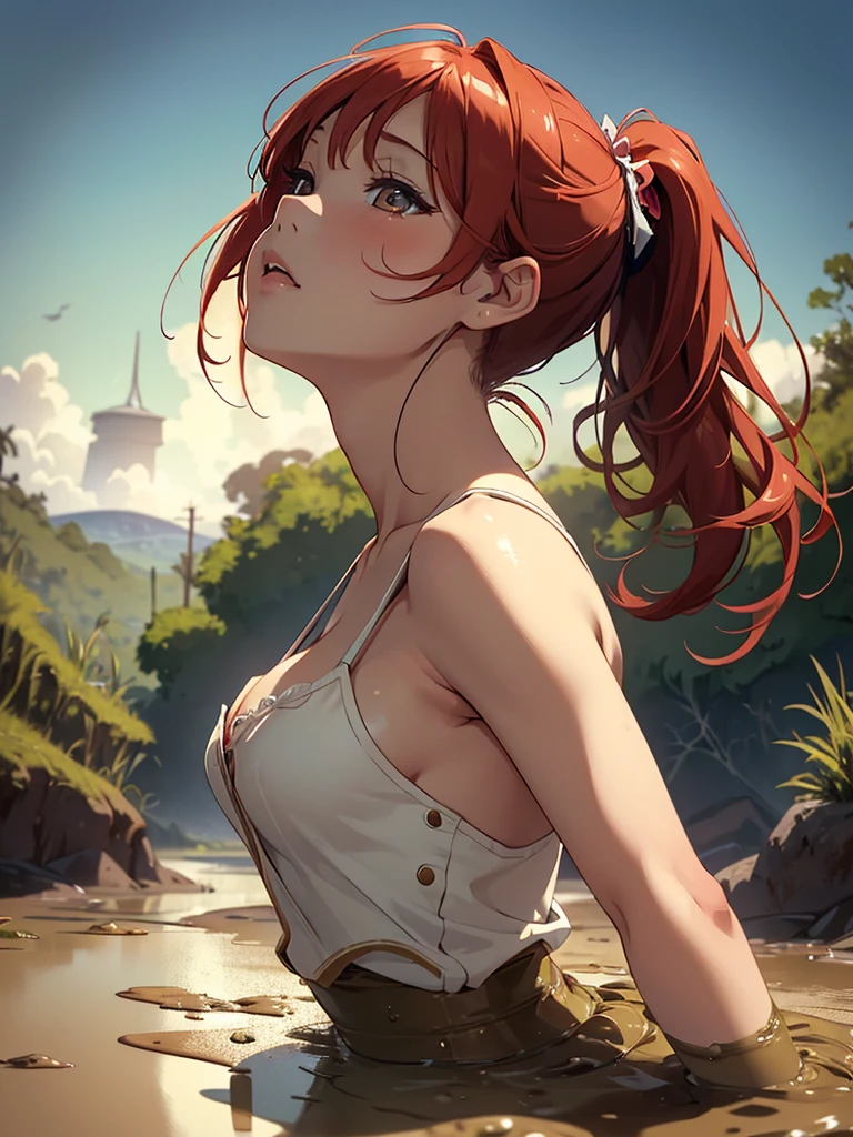 1girl, solo, masterpiece, best quality, high res, highly detailed, (illustration), beautiful detailed eyes, yuigahama yui, red hair ponytail, glossy lips, light makeup, orgasm, (looking up to the sky:1.5), intimate moment, sleeveless top, cleavage, (quicksand:1.4), (from side:1.4), bog, swampy, grassy, eyes closed, gasping