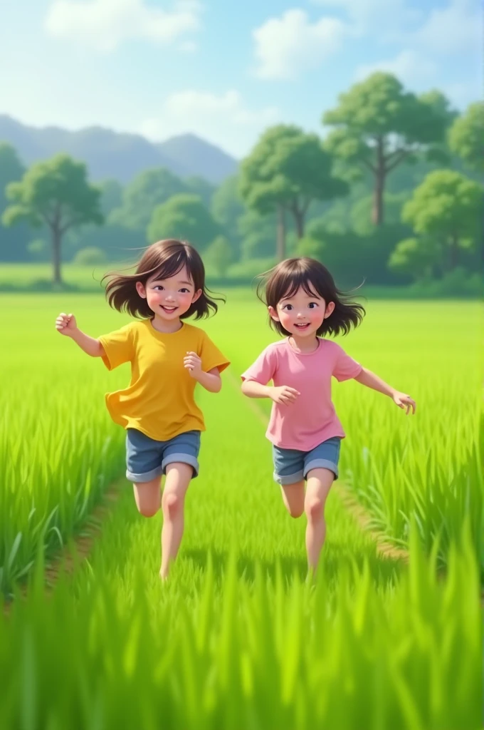 A girl with short hair in a yellow shirt and a girl with short hair in a pink shirt are running and playing in a rice field Thailand 