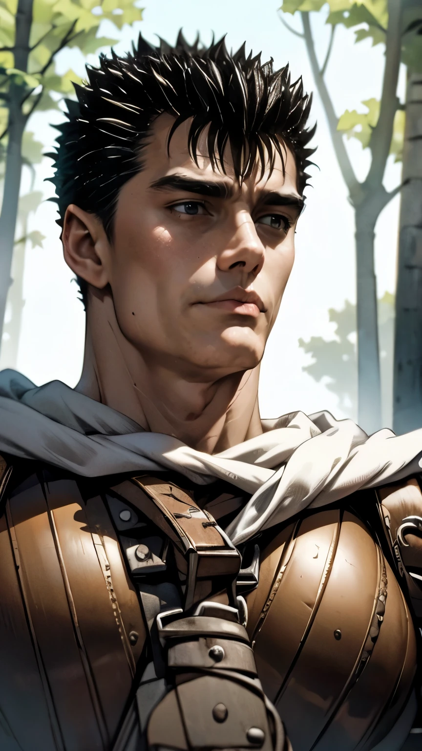 guts \(berserk\)、One person、solo、Dynamic pose、Upper Body、Carrying a great sword、Laughter over anger、forest、masterpiece、Highest quality、最高masterpiece。