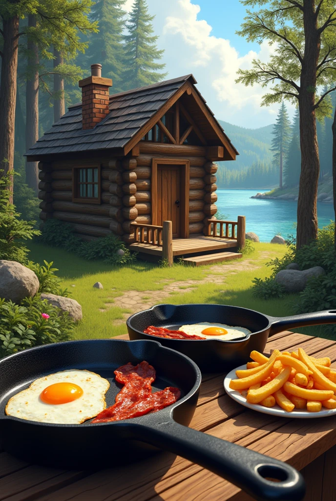 The image shows a wooden cabin in the woods with a table in front of it. On the table, there are two frying pans with food items, one with a fried egg and the other with bacon. There is also a plate of french fries on the table. The cabin is made of logs and has a sloping roof and a chimney. The background is filled with trees and there is a body of water visible in the distance. The overall mood of the image is peaceful and serene.