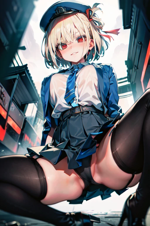(extreme close-up of thigh:1.5), (The view is from very close below:1.5), Pushing hips forward, (sitting), Open legs wide, spread legs, arms behind back,
((Highest quality)), ((masterpiece)),(detailed),High resolution,Sharp focus,Perfect Face,{best illustration},(complete anatomy),
(非常にdetailed CG unity 8k wallpaper),(((Vibrant colors))),Official Art,((detailedなボディ)),(detailedな顔)),Perfect Fingers,
cute,erotic,Bold,very shiny 肌,Shiny body,plastic glitter 肌,exaggerated shiny 肌,illuminated 肌,
Big Breasts,glamorous,Tight waist,Long legs,curve,Cleavage,Bold,Revealing clothing,show 肌,
(Complex eyes,Beautiful fine details,Symmetrical eyes,Big eyes:1.5,Seductive eyes, Natural skin texture, Realistic facial details),
(Nishikigi Sensoku),short hair,bangs,Blonde,(Red Eye:1.5),Hair Ribbon,One Side Up,Bobcut,Conceited expression,Mischievous Smile, night, Alley,
belt, blue jacket, blue necktie, blue shirt, garter straps,hat, high heel boots, pleated skirt,see-through,