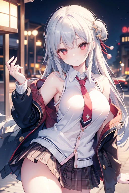 (best quality, masterpiece, ultra-detailed, perfect pixels), (UHD, RTX, 4k wallpaper, japanese anime, CG smooth, textured skin, realistic texture, natural light), 1girl, rio, seductive, busty, perfect body, bangs, long hair, silver hair,red eyes,blushing face (close-up, pov, dynamic pose), sly smile, beautiful smile, nipslip, medium breasts, blush, (school uniform, jacket, necktie, cardigan, plaid skirt), outdoor, amusement park, leaning forward