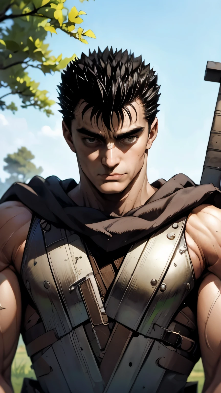 guts \(berserk\)、One person、solo、shout、Dynamic pose、Upper Body、Carrying a great sword、Laughter over anger、forest、masterpiece、Highest quality、最高masterpiece。