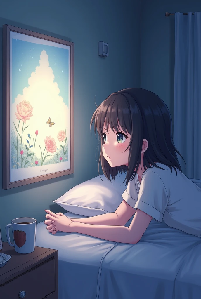 Anime girl looking in longing at a poster from her bed