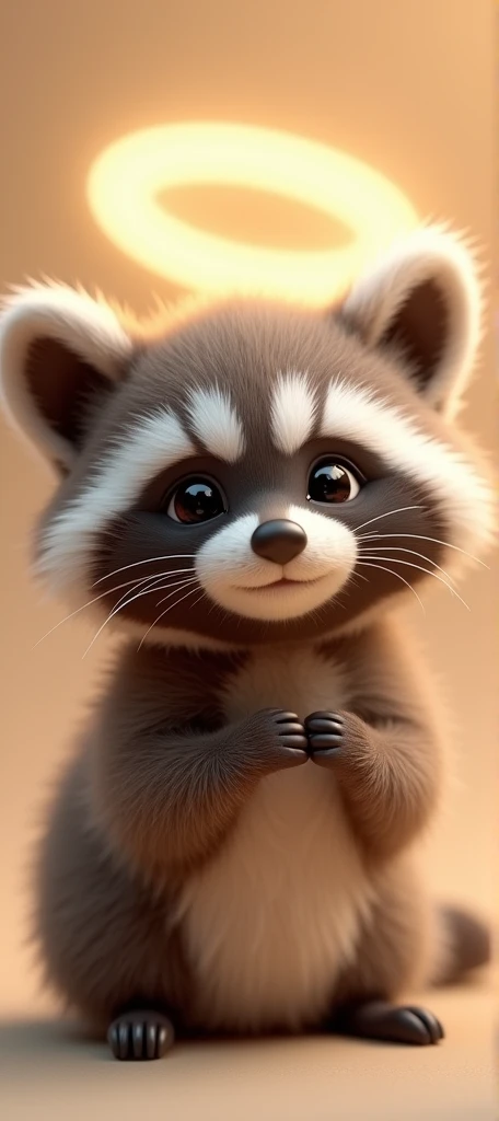 A captivating photograph of a cute extra fluffy baby realistic raccoon,Gentle-looking creature, Keep your heart close to your chest. The creature has soft, Round features and large, Expressive eyes gaze upward. The background is warm, Soft beige, Create a cozy atmosphere. Around the raccoon's head, Beautifully, Curves form a halo-like ring, Adds tenderness and affection to the picture., photo, 3D Rendering, Concept Art