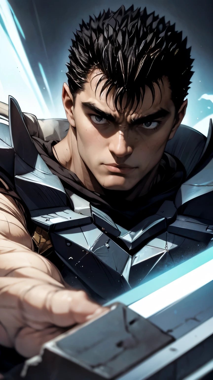 guts \(berserk\)、One person、solo、shout、Dynamic pose、Upper Body、Carrying a great sword、Laughter over anger、forest、masterpiece、Highest quality、最高masterpiece。