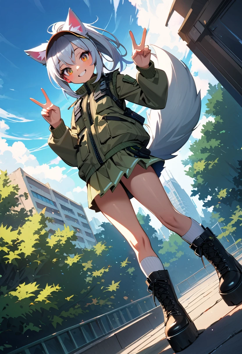 (masterpiece, best quality:1.1), (ultra highres, ultra-detailed:1.2) ,cyberpunk girl,yo,cute,cheerful,(silver hair,ponytail,wolf ear,sunvisor, groves,khaki camouflage pattern vest and mini-skirt,wolf tail,knee high socks,platform boots),(double V-sign with both hands),,absurd,extraordinary, in garden on the roof of a building,(fullbody),smile,detailed face,beautiful lighting, volumetric lighting, dynamic angle,pop style,look away,