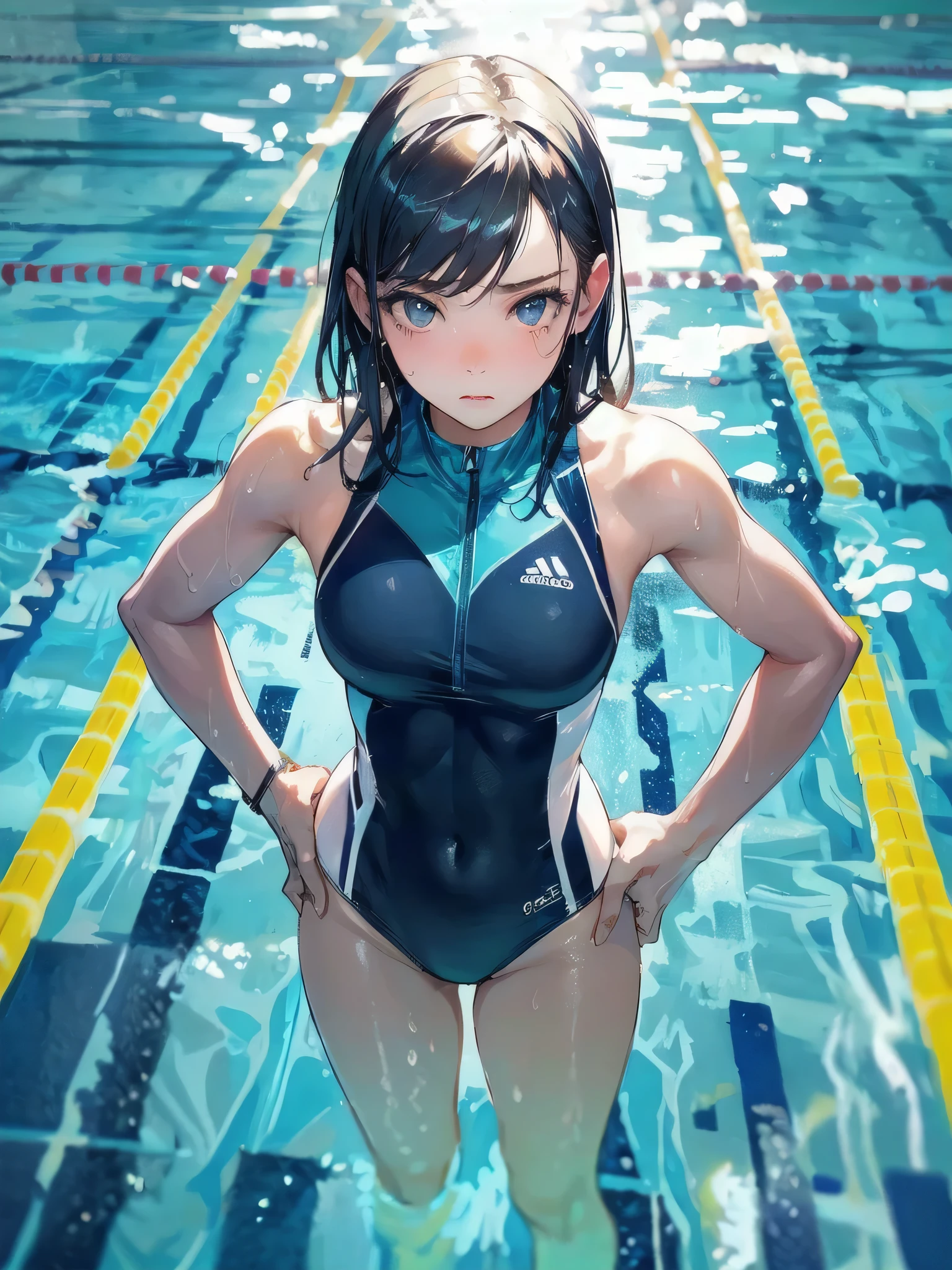 masterpiece, (textured skin), best quality, gorgeous beautiful girl, (a female swimming athlete), detailed clothes,large breasts,narrow waist,, (beautiful face), cinematic lighting, (at swimming venue ),