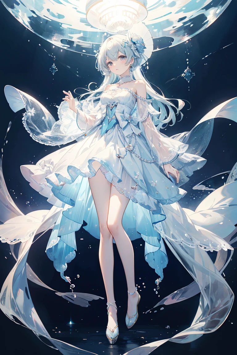 elegant,Holding a folding fan,fullbody,(Soft colors), (muted colors), (high quality render), light blue moon jellyfish personified, dainty, pearls, white color theme, ((illustration))