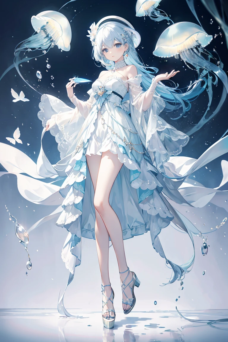 elegant,Holding a folding fan,fullbody,(Soft colors), (muted colors), (high quality render), light blue moon jellyfish personified, dainty, pearls, white color theme, ((illustration))