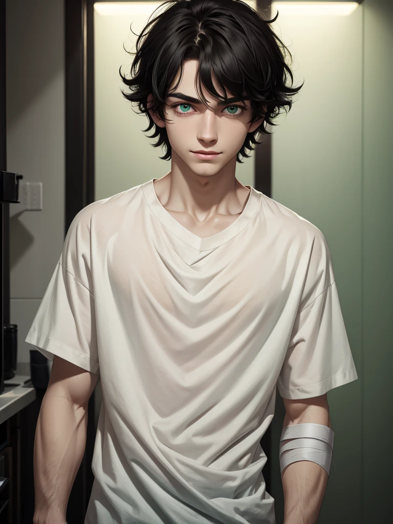 (best quality), 1boy, young boy, pale skin, black hair, medium hair, tousled hair, messy hair, bangs over eyes, green eyes, dark circles under eyes, bandages, light smile, scrawny body, oversized shirt, masterpiece, anatomically correct, highres