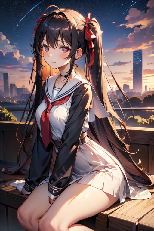 ：best quality, 1girl, solo, (atori:1.2), __posture__, long hair, very long hair, brown hair, ribbon, black ribbon, hair ribbon, bangs, ahoge, two side up, hair between eyes, red eyes, sailor dress, sleeves past wrists, long sleeves, dress, sailor collar, white dress, blue sailor collar, see-through, collarbone, wide sleeves, neckerchief, red neckerchief, red necktie, bare legs, barefoot, small breasts, breasts, cowboy shot, __looking__, __expression__, __background__. __posture__：standing\nstanding\n(contrapposto:1.1)\n(contrapposto:1.2)\n(sitting:1.1)\n(sitting:1.2)
__looking__：looking_at_viewer\nlooking_at_viewer\nlooking_at_viewer\nlooking_at_viewer\nlooking_back
__expression__：smile/nsmile/nsmile/nsmile, open_mouth/nsmile, closed_eyes/nopen_mouth/nshy/nlaughing/nangry/nevil/nlonely/ncrying
__background__：outdoors, starry sky, night sky, sunset\nnight, night sky, cloudy sky, meteor, planet, cloud, star (sky), (starry sky:1.2)\n(outdoors), day, blue sky, cloud, nature, tree\noutdoors, day, blue sky, cloud, water\noutdoors, day, grass\ncherry blossoms, tree, outdoors, shooting star, petals, cloud\noutdoors, city, cityscape, scenery, building