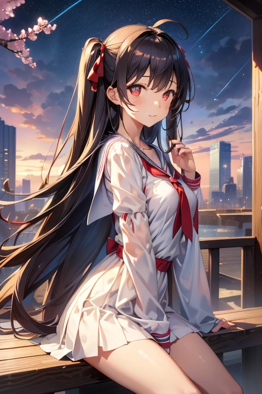 ：best quality, 1girl, solo, (atori:1.2), __posture__, long hair, very long hair, brown hair, ribbon, black ribbon, hair ribbon, bangs, ahoge, two side up, hair between eyes, red eyes, sailor dress, sleeves past wrists, long sleeves, dress, sailor collar, white dress, blue sailor collar, see-through, collarbone, wide sleeves, neckerchief, red neckerchief, red necktie, bare legs, barefoot, small breasts, breasts, cowboy shot, __looking__, __expression__, __background__. __posture__：standing\nstanding\n(contrapposto:1.1)\n(contrapposto:1.2)\n(sitting:1.1)\n(sitting:1.2)
__looking__：looking_at_viewer\nlooking_at_viewer\nlooking_at_viewer\nlooking_at_viewer\nlooking_back
__expression__：smile/nsmile/nsmile/nsmile, open_mouth/nsmile, closed_eyes/nopen_mouth/nshy/nlaughing/nangry/nevil/nlonely/ncrying
__background__：outdoors, starry sky, night sky, sunset\nnight, night sky, cloudy sky, meteor, planet, cloud, star (sky), (starry sky:1.2)\n(outdoors), day, blue sky, cloud, nature, tree\noutdoors, day, blue sky, cloud, water\noutdoors, day, grass\ncherry blossoms, tree, outdoors, shooting star, petals, cloud\noutdoors, city, cityscape, scenery, building