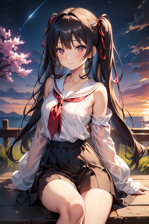 ：best quality, 1girl, solo, (atori:1.2), __posture__, long hair, very long hair, brown hair, ribbon, black ribbon, hair ribbon, bangs, ahoge, two side up, hair between eyes, red eyes, sailor dress, sleeves past wrists, long sleeves, dress, sailor collar, white dress, blue sailor collar, see-through, collarbone, wide sleeves, neckerchief, red neckerchief, red necktie, bare legs, barefoot, small breasts, breasts, cowboy shot, __looking__, __expression__, __background__. __posture__：standing\nstanding\n(contrapposto:1.1)\n(contrapposto:1.2)\n(sitting:1.1)\n(sitting:1.2)
__looking__：looking_at_viewer\nlooking_at_viewer\nlooking_at_viewer\nlooking_at_viewer\nlooking_back
__expression__：smile/nsmile/nsmile/nsmile, open_mouth/nsmile, closed_eyes/nopen_mouth/nshy/nlaughing/nangry/nevil/nlonely/ncrying
__background__：outdoors, starry sky, night sky, sunset\nnight, night sky, cloudy sky, meteor, planet, cloud, star (sky), (starry sky:1.2)\n(outdoors), day, blue sky, cloud, nature, tree\noutdoors, day, blue sky, cloud, water\noutdoors, day, grass\ncherry blossoms, tree, outdoors, shooting star, petals, cloud\noutdoors, city, cityscape, scenery, building