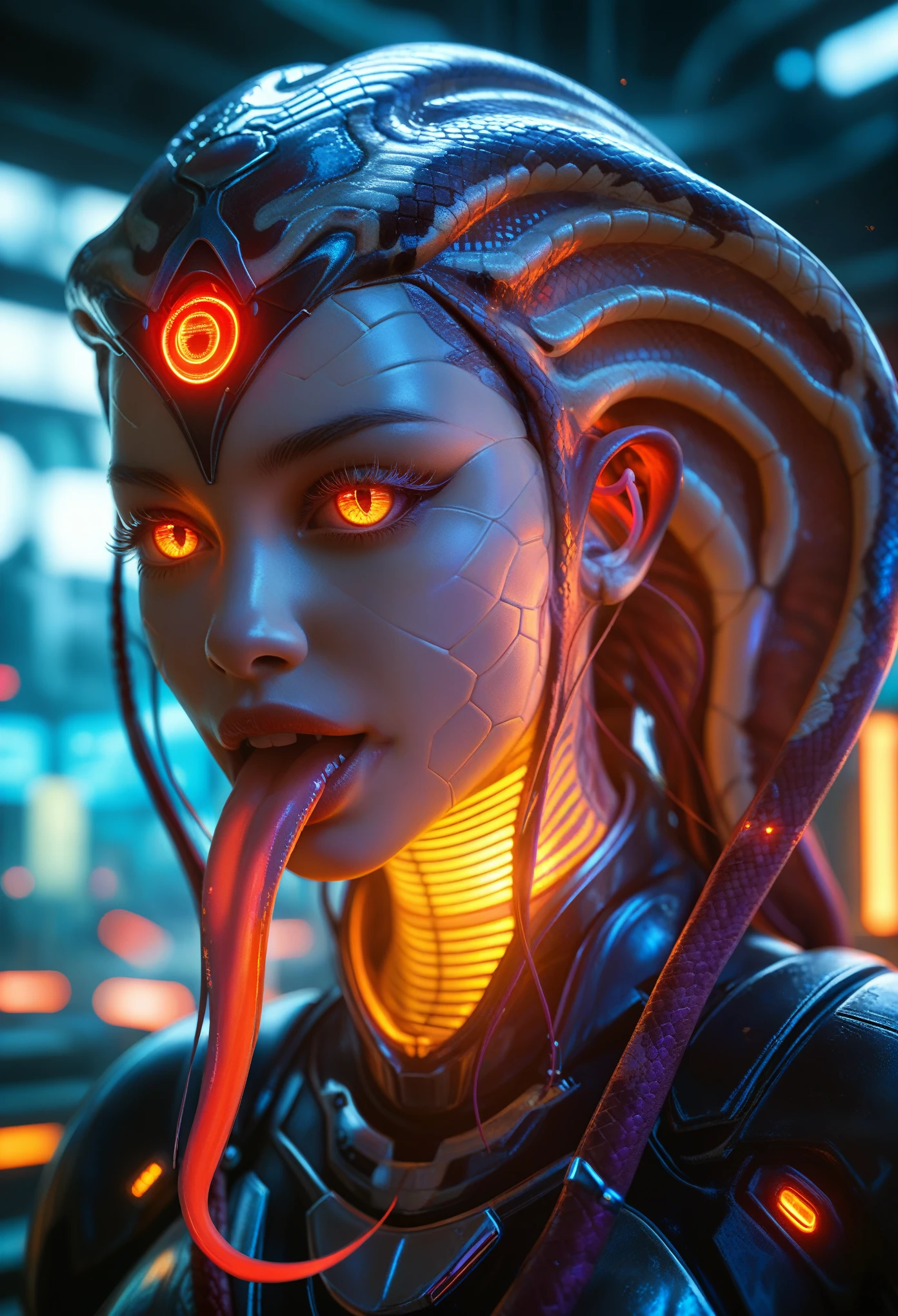 score_9, score_8_up, score_7_up, 1 female medusa alien, A scene from a science fiction movie, beautiful detailed eyes, A third eye on the forehead, beautiful detailed lips, extremely detailed face and eyes, long eyelashes, (long tongue like a snake:1.2), intricate insect-like features, glowing compound eyes, scythe-like forelimbs, alien carapace, vibrant colors, futuristic sci-fi environment, neon lights, glowing energy field, complex technological architecture, dramatic lighting, cinematic atmosphere, award winning digital art, hyper realistic, 8k, high quality, masterpiece, Bioluminescence, Translucent armor, thespiritde, concept art