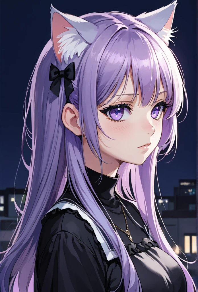 1girl, cat ears, long hair, bangs, light purple hair, gorgeous blue eyes, eyeliner, long lashes, sad, frown, collar, black top, breasts, gloomy and sad background, partial side profile, looking down