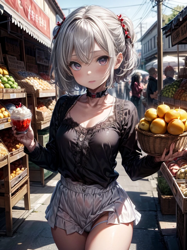 mash kyrielight, White hair, short hair, red eyes, girl, woman, female, little, child, 10 years old, medium hair, curly hair, bangs, eyes visible through hair, side braid, white and black hair, multicolored hair, red inner color, beautiful detailed Glass hair, delicate beautiful face, red pupils, fangs, small_breasts, pale blue eyes, white skin, choker, gloves, (nice hands), (perfect hands), camisole, holding fruit, lemon, (grapefruit), parted lips, blush, skirt, earring, holding food, bang, in fruit market, more_details:-1, more_details:0, more_details:0.5, more_details:1, more_details:1.5
,ชุดรัดรูป, camel toe, โชว์กางเกงใน , โชว์หน้าอก, หัวนม,