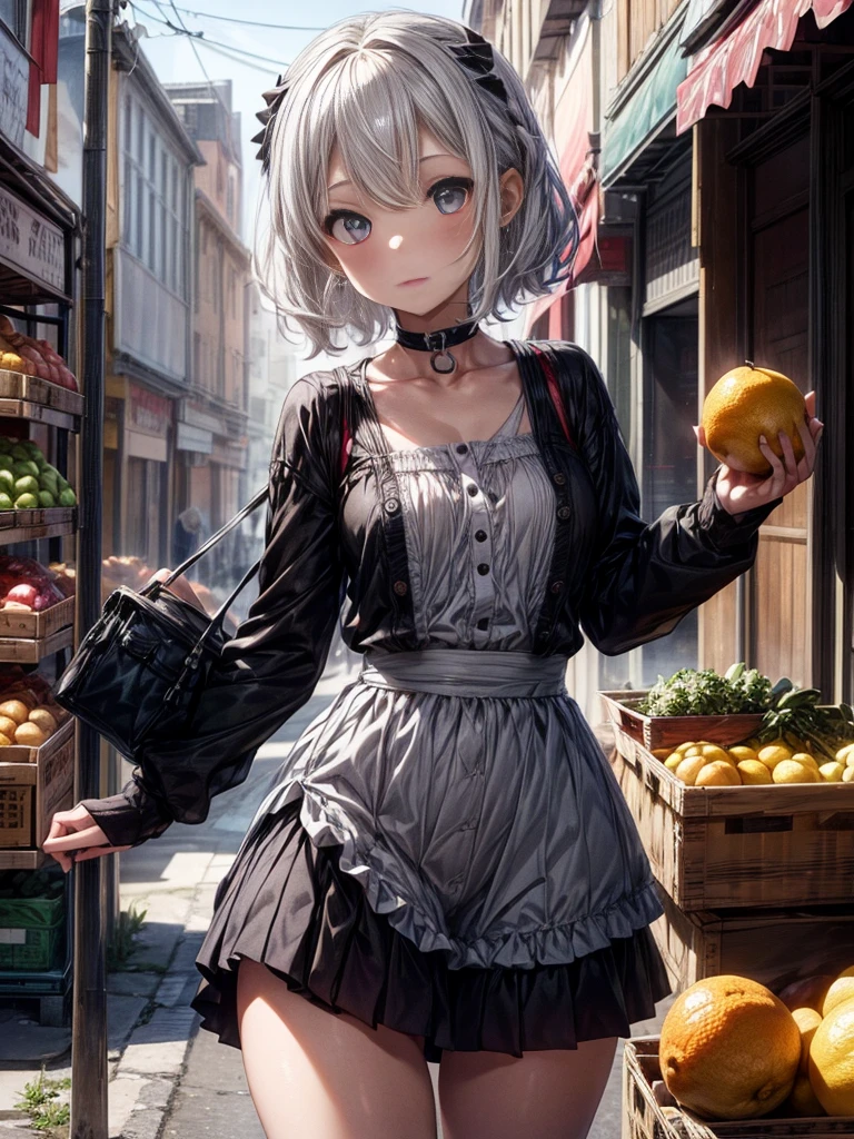 mash kyrielight, White hair, short hair, red eyes, girl, woman, female, little, child, , medium hair, curly hair, bangs, eyes visible through hair, side braid, white hair, multicolored hair, red  inner color, beautiful detailed Glass hair, delicate beautiful face, red pupils, fangs, small_breasts, pale blue eyes, white skin, choker, gloves, nice hands, perfect hands, camisole, (holding fruit:1.2), (lemon), (grapefruit), parted lips, blush, skirt, earring, (holding food), bang, in fruit market, more_details:-1, more_details:0, more_details:0.5, more_details:1, more_details:1.5