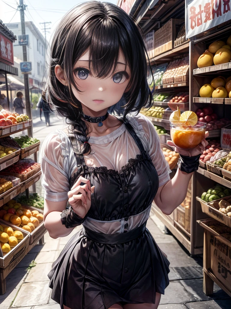 mash kyrielight, White hair, short hair, red eyes, girl, woman, female, little, child, , medium hair, curly hair, bangs, eyes visible through hair, side braid, white and black hair, multicolored hair, red inner color, beautiful detailed Glass hair, delicate beautiful face, red pupils, fangs, small_breasts, pale blue eyes, white skin, choker, gloves, (nice hands), (perfect hands), camisole, holding fruit, lemon, (grapefruit), parted lips, blush, skirt, earring, holding food, bang, in fruit market, more_details:-1, more_details:0, more_details:0.5, more_details:1, more_details:1.5
,ชุดรัดรูป, camel toe, โชว์กางเกงใน , โชว์หน้าอก, หัวนม,
