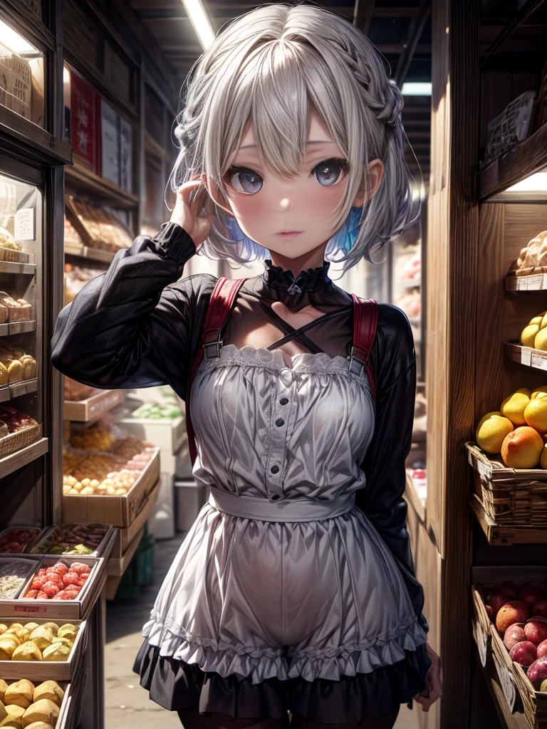 mash kyrielight, White hair, short hair, red eyes, girl, woman, female, little, child, 10 years old, medium hair, curly hair, bangs, eyes visible through hair, side braid, white and black hair, multicolored hair, red inner color, beautiful detailed Glass hair, delicate beautiful face, red pupils, fangs, small_breasts, pale blue eyes, white skin, choker, gloves, (nice hands), (perfect hands), camisole, holding fruit, lemon, (grapefruit), parted lips, blush, skirt, earring, holding food, bang, in fruit market, more_details:-1, more_details:0, more_details:0.5, more_details:1, more_details:1.5
,ชุดรัดรูป, camel toe, โชว์กางเกงใน , โชว์หน้าอก, หัวนม,