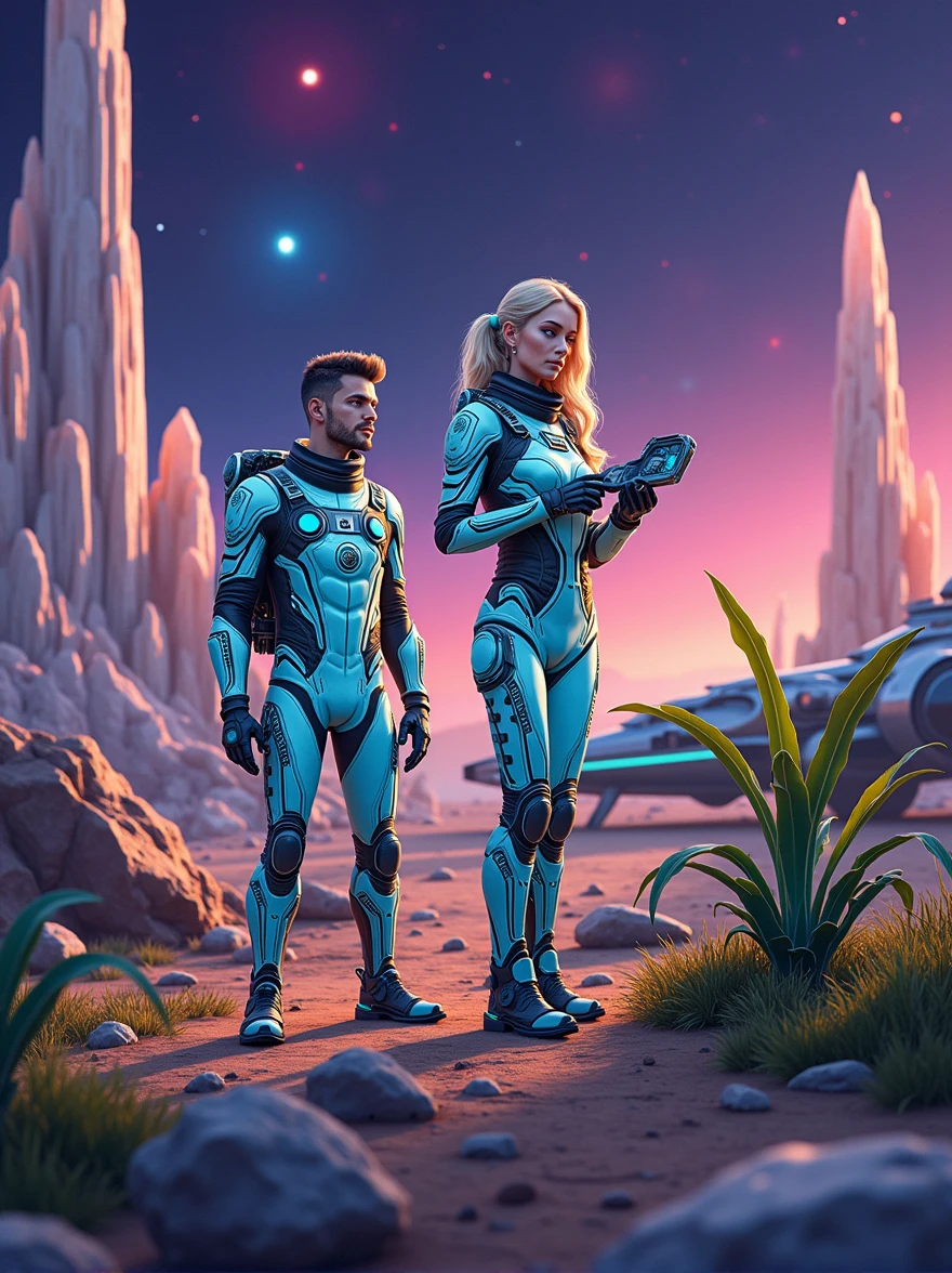 Envisioning a Cyberpunk Future,A handsome boy and a beautiful girl become brave space travelers。These young explorers are wearing high-tech suits,There is a complex circuit design inside,Glowing neon light。They stood together on an unknown alien planet,The scenery there is stunningly beautiful,Towering crystalline structures against a colorful nebula sky。The boy scans the horizon with a futuristic gadget in his hands,The girl is studying a strange plant with glowing leaves,This is the sign of this planet's bizarre biosphere。Their spaceship was parked far behind them.,It is a sleek structure made of metal and lights。