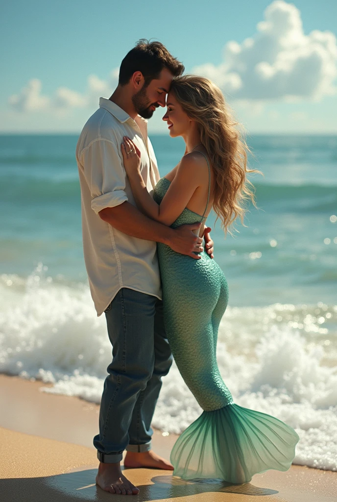 A human man hugging a mermaid princess from behind。The man and the mermaid are at the beach。The man is dressed both top and bottom.。
