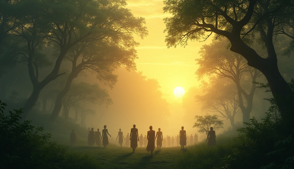 (African folktale) As dawn broke over the horizon, the spirits returned to their rest, and the forest became still once more.