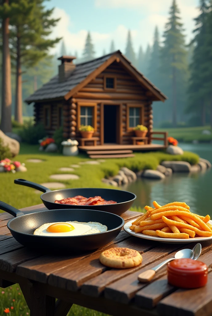 The image shows a wooden cabin in the woods with a table in front of it. On the table, there are two frying pans with food items, one with a fried egg and the other with bacon. There is also a plate of french fries on the table. The cabin is made of logs and has a sloping roof and a chimney. The background is filled with trees and there is a body of water visible in the distance. The overall mood of the image is peaceful and serene.