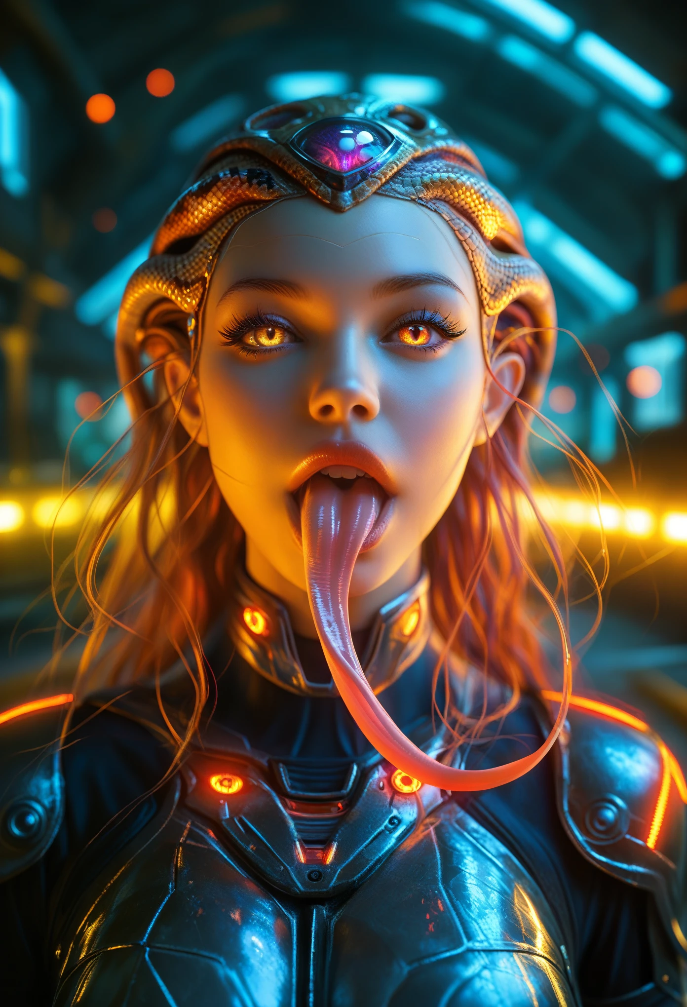 score_9, score_8_up, score_7_up, 1 female medusa alien, A scene from a science fiction movie, beautiful detailed eyes, A third eye on the forehead, beautiful detailed lips, extremely detailed face and eyes, long eyelashes, (long tongue like a snake:1.2), intricate insect-like features, glowing compound eyes, scythe-like forelimbs, alien carapace, vibrant colors, futuristic sci-fi environment, neon lights, glowing energy field, complex technological architecture, dramatic lighting, cinematic atmosphere, award winning digital art, hyper realistic, 8k, high quality, masterpiece, Bioluminescence, Translucent armor, thespiritde, concept art