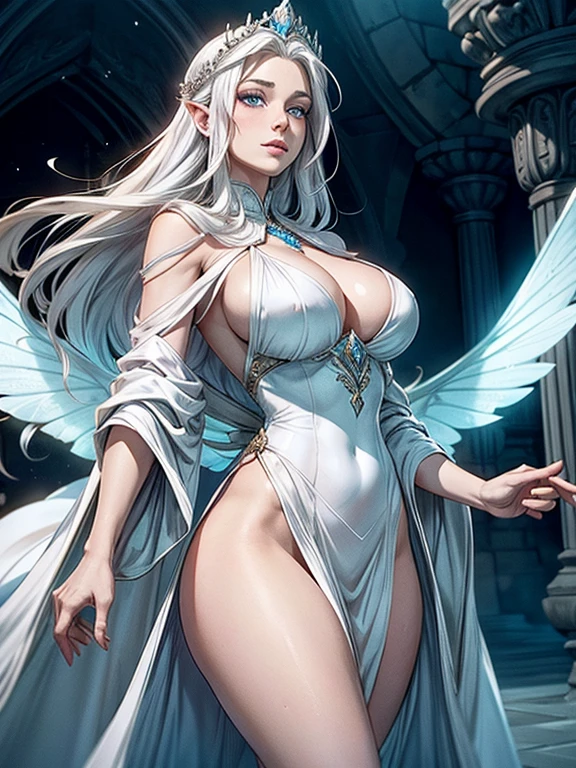 A beautiful female emperor, pale white skin, crystal clear skin, beautiful appearance, deep wisdom in her eyes, as if she has seen through everything in the world, dressed in a gorgeous white robe, deep cleavage, holding a long sword, dancing robes in the breeze and silver hair fluttering in the wind, the white robe perfectly outlines the graceful figure, the demeanor is gentle and idyllic, like a flawless fairy