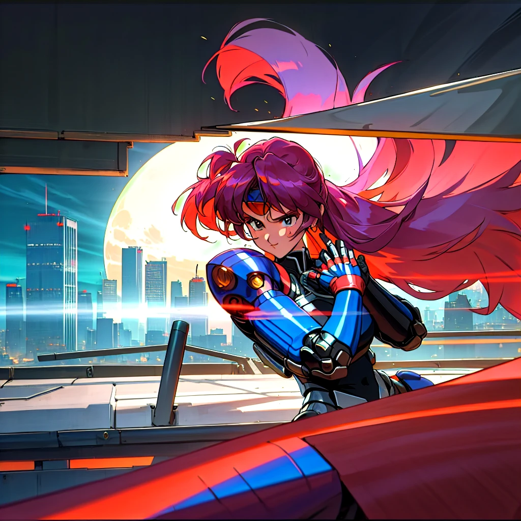 Kenichi Sonoda, retro art-style, bubblegum crisis, Sci-fi, Cyberpunk, Neon, Dystopia, (On a full moon night, on the rooftop of a high-rise building, a figure is seen wearing a metal hard suit that covers the whole body from head to toe. It is made up of curved surfaces that give it a feminine bodyline.), 1girl, solo, 18yo, Cool beauty, Unparalleled beauty, fearless look, smile, fighting stance, (attack, punching at viewer), close-up photography of upper body, Depth of field, character focus, (masterpiece, anime cg, official art, work of art, Award-winning work, extreme quality, ultra high definition, all intricate, overall detailed, finely detailed, super detailed, very aesthetic, boast pompously, focus on entire screen, asymmetrical, raytraced, caustics, textile shading, incredibly absurd resolution, absolutely resolution, ultra high resolution, professional, vivid colors, perfect anatomy, ideal facial features, beautiful detailed face, ideally proportioned figure, perfectly beautiful body),