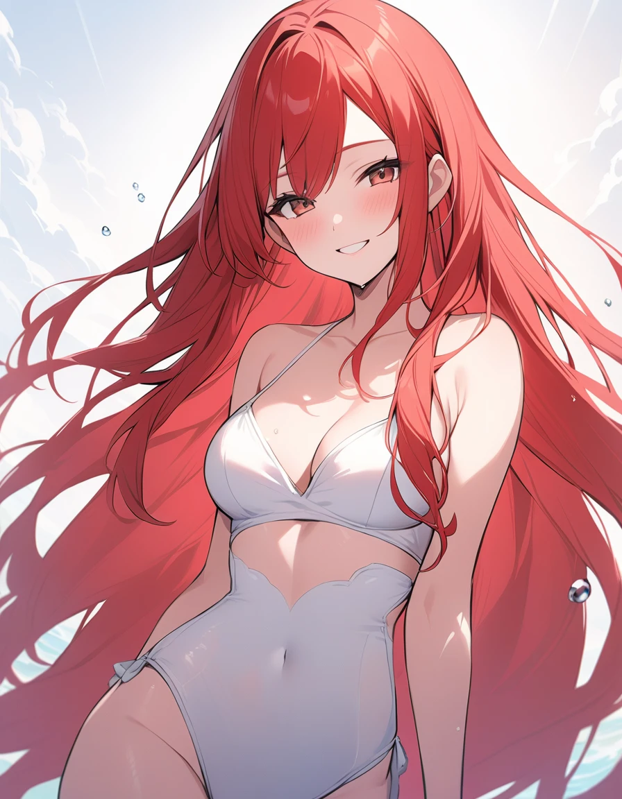 Red Hair、Long Hair、20-year-old women、In detail、beautifully、Glowing Skin、smile、Clear、White swimsuit、