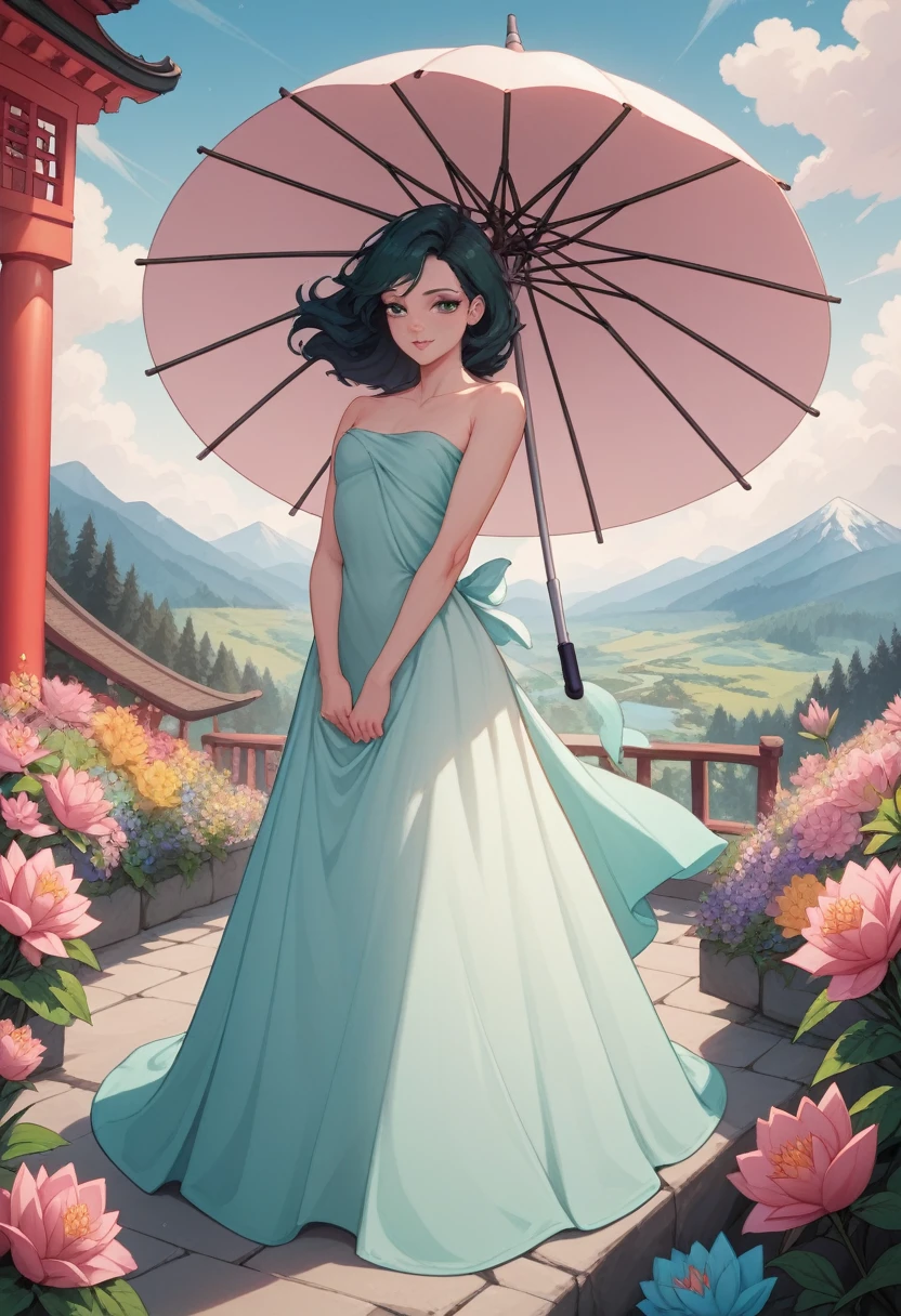 1 big breasted girl,Standing under a giant umbrella-shaped pink lotus,Full body close-up,Black hair,Floating hair,Hazy Beauty,Extremely beautiful facial features,Light green tulle flowing dress,Smooth hair,Surrounded by flowers,Soft light on the face,Perfect anatomical structure,(Flat girly figure,Small Breasts),Colorful flowers,(spring, Wonderful mountain wetlands,in the forest,Mountains), Simple vector art, Chinese Contemporary Art, Soft lighting, Floating tulle towel,Overlooking