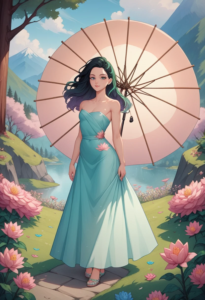 1 big breasted girl,Standing under a giant umbrella-shaped pink lotus,Full body close-up,Black hair,Floating hair,Hazy Beauty,Extremely beautiful facial features,Light green tulle flowing dress,Smooth hair,Surrounded by flowers,Soft light on the face,Perfect anatomical structure,(Flat girly figure,Small Breasts),Colorful flowers,(spring, Wonderful mountain wetlands,in the forest,Mountains), Simple vector art, Chinese Contemporary Art, Soft lighting, Floating tulle towel,Overlooking