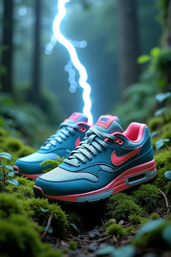 Cree une image cinematographique d’une paire de nike air max bleu et rose pastel avec de la mousse et de l’herbe qui pousse sur la chaussure et autour. Environement luxuriant. Un eclair frappe la chaussure tel une explosion. Ultra detaille, ultra realiste. 16k