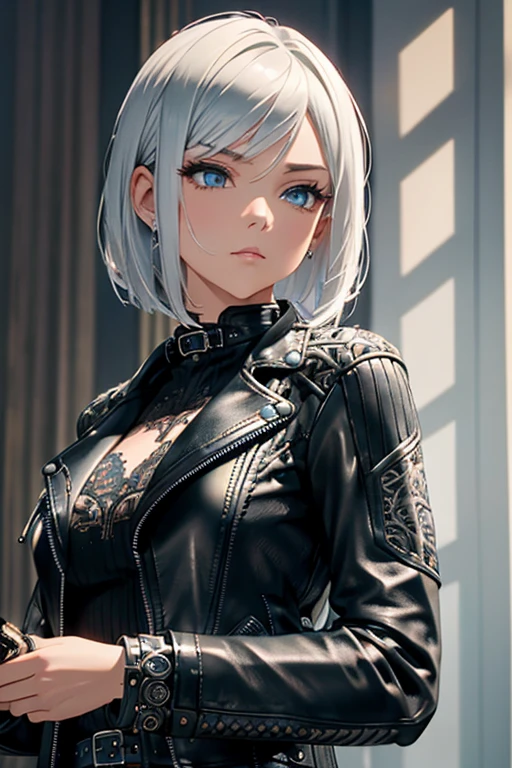 silver bob hair, Blue eyes, (((Black leather jacket))), Long sleeve, Ribbed jacket, ((Intricate details)), High resolution, ((Intricate details, Ultra-detailed)), Cinematic shots, Vignette, bestquality, Anatomically correct, Winner of numerous awards, High detail, quality, Very detailed, Textured skin, Party Venue