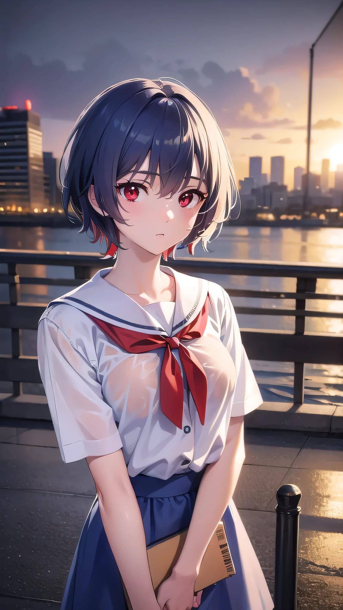 BREAK looking at viewer, BREAK (masterpiece:1.2), best quality, high resolution, unity 8k wallpaper, (illustration:0.8), (beautiful detailed eyes:1.6), extremely detailed face, perfect lighting, extremely detailed CG, (perfect hands, perfect anatomy),city,street,buildings,wet road,soft light,night,rei ayanami, blue hair, short hair, (red eyes:1.5),
blue dress, dress, neck ribbon, pinafore dress, red ribbon, ribbon, school uniform, short sleeves, short-sleeved sweater, sweater,upper body,wet uniform,nipples see through.