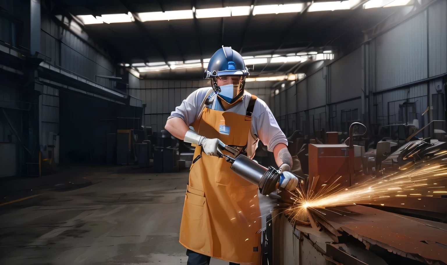 ppe worker using a grinder to grind metal in a factory, safe for work, in a workshop, professional work, illustration, industrial photography, stunning image, advanced technique, superres sharpening, artistic interpretation, skilled, 4 0 0 mm, profile pic, satisfying, stunning visual, ergonomic, 300mm, 150mm