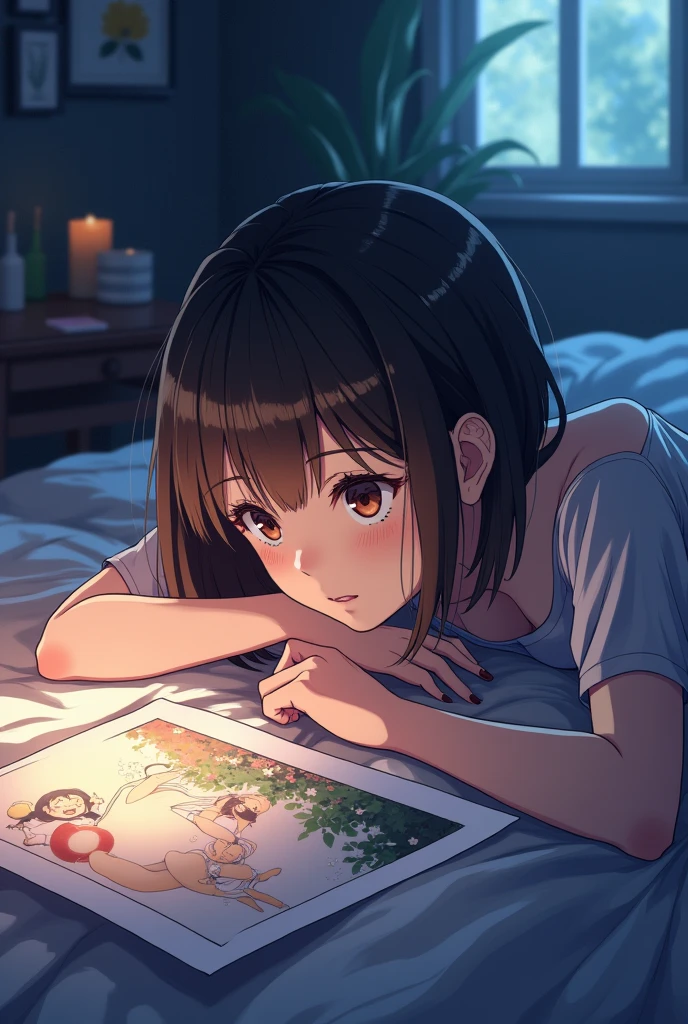 Anime woman staring in longing at a poster from her bed