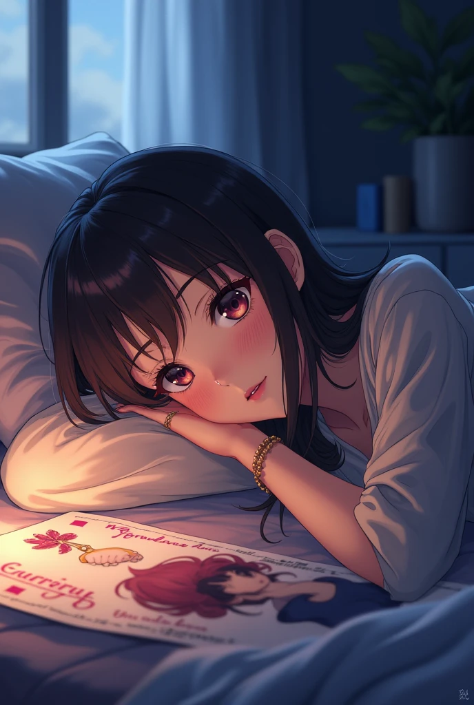 Anime woman staring in longing at a poster from her bed