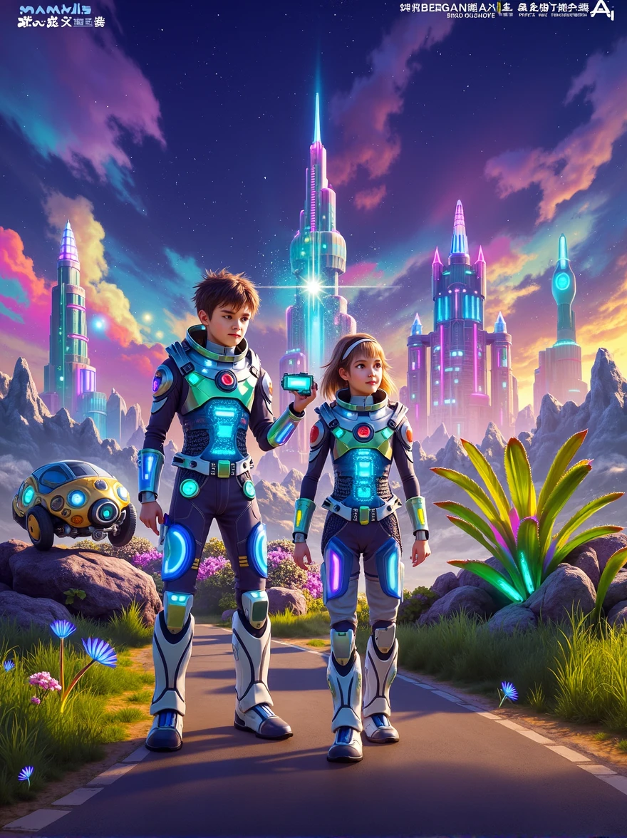 Envisioning a Cyberpunk Future,A handsome boy and a beautiful girl become brave space travelers。These young explorers are wearing high-tech suits,There is a complex circuit design inside,Glowing neon light。They stood together on an unknown alien planet,The scenery there is stunningly beautiful,Towering crystalline structures against a colorful nebula sky。The boy scans the horizon with a futuristic gadget in his hands,The girl is studying a strange plant with glowing leaves,This is the sign of this planet's bizarre biosphere。Their spaceship was parked far behind them.,It is a sleek structure made of metal and lights。