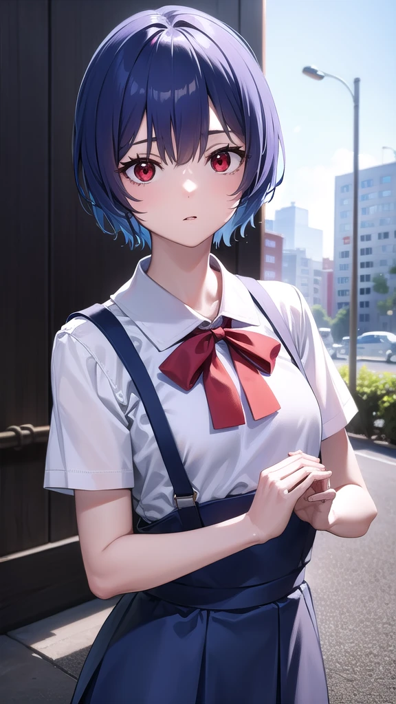 BREAK looking at viewer, BREAK (masterpiece:1.2), best quality, high resolution, unity 8k wallpaper, (illustration:0.8), (beautiful detailed eyes:1.6), extremely detailed face, perfect lighting, extremely detailed CG, (perfect hands, perfect anatomy),city,street,buildings,wet road,soft light,night,rei ayanami, blue hair, short hair, (red eyes:1.5),
blue dress, dress, neck ribbon, pinafore dress, red ribbon, ribbon, school uniform, short sleeves, short-sleeved sweater, sweater,upper body,wet uniform,nipples see through.
