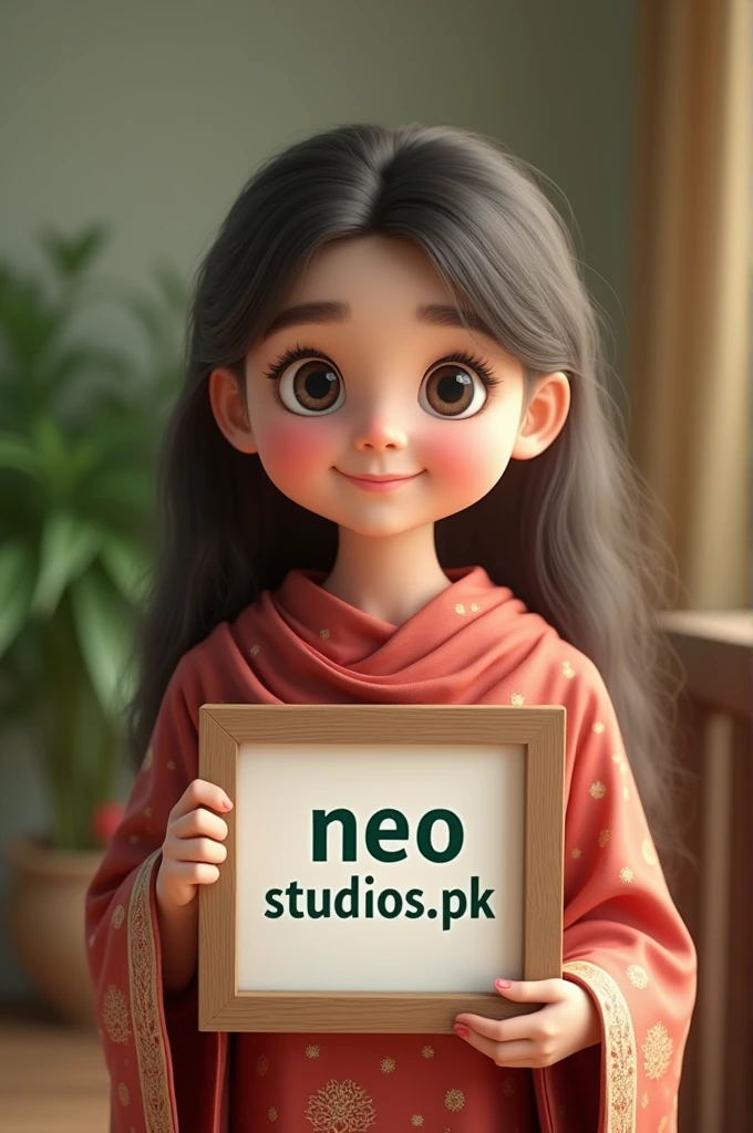 a Pakistani girl holding a photo frame with written words "neo studios.pk"